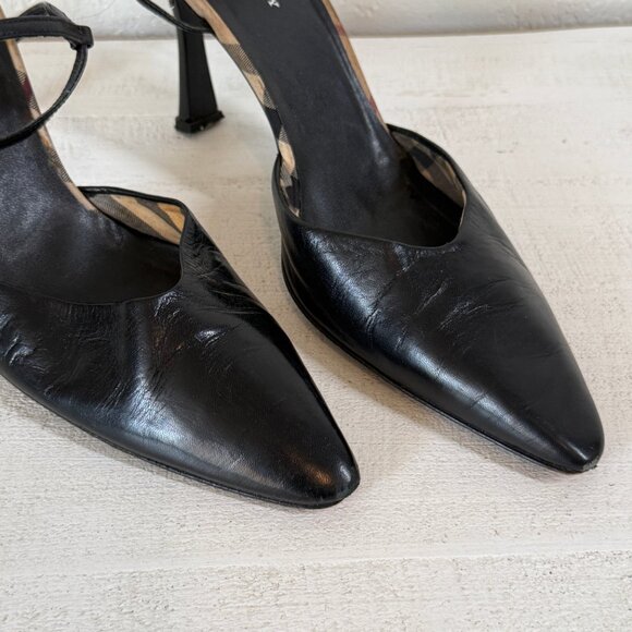 Burberry Slingback Heels Novacheck Black Leather Pointed Toe Size 39.5/US 9.5 - Picture 8 of 12